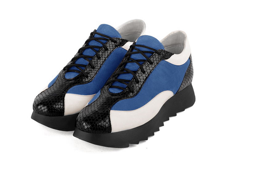 Satin black, electric blue and off white women's elegant sneakers. Round toe. Low rubber soles. Front view - Florence KOOIJMAN